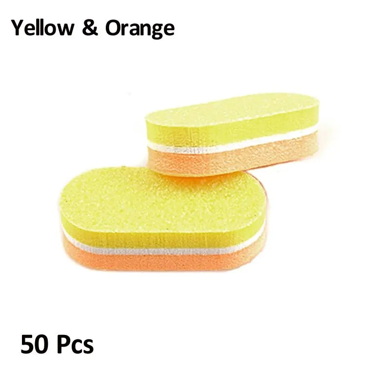A pack of 50 yellow and orange dual-grit nail buffing blocks.