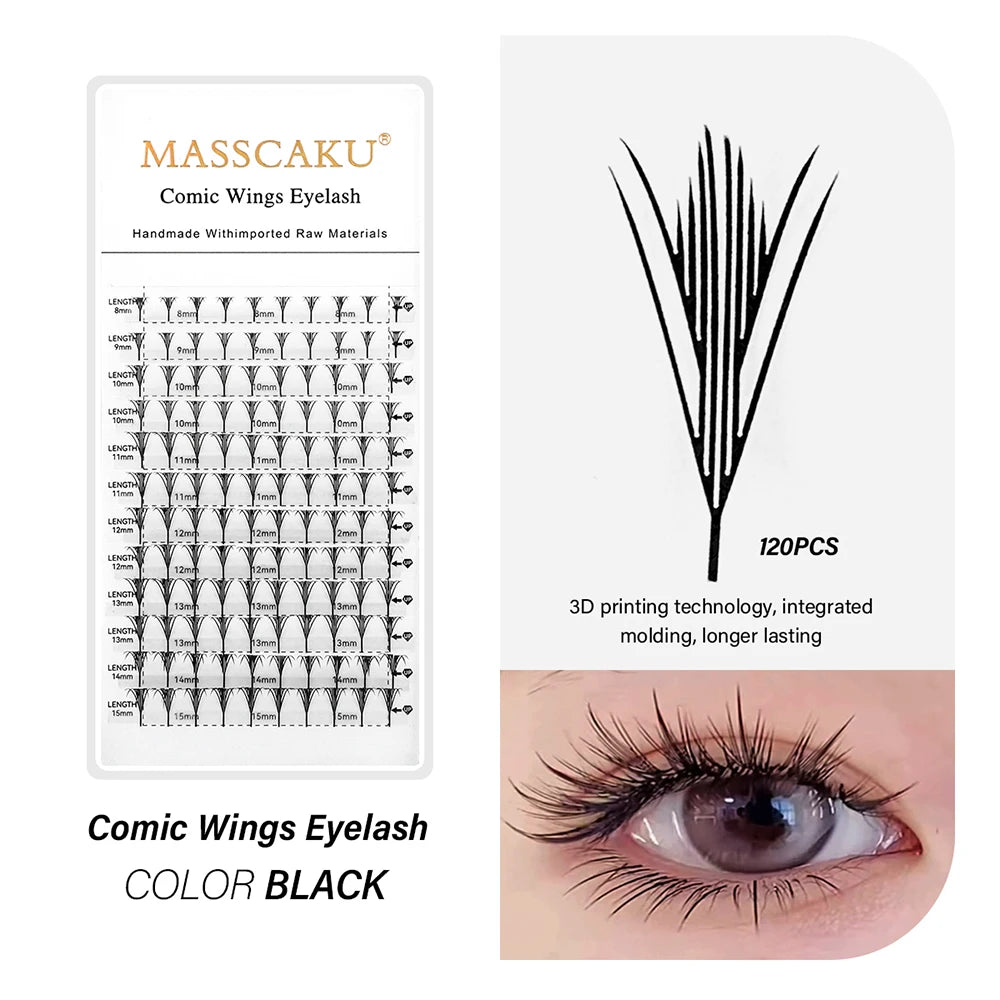 Pack of 120 pairs of black comic wings eyelash extensions shown next to a close-up of applied lashes on an eye.
