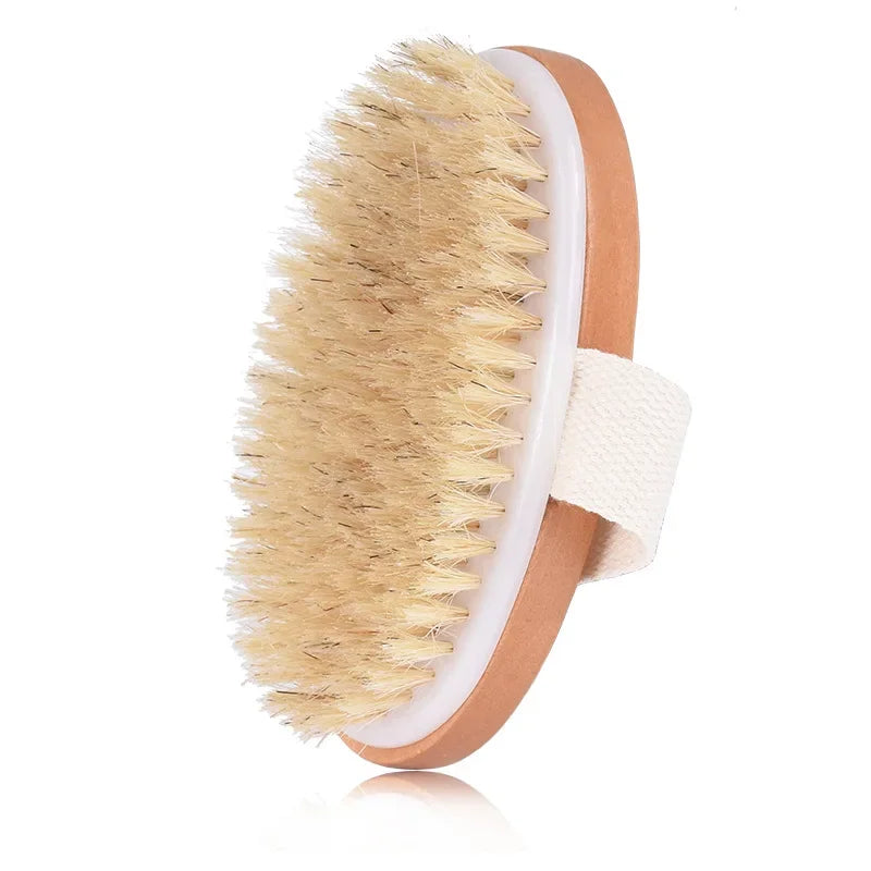 A natural wooden body brush with light blonde bristles and a beige handle is shown.