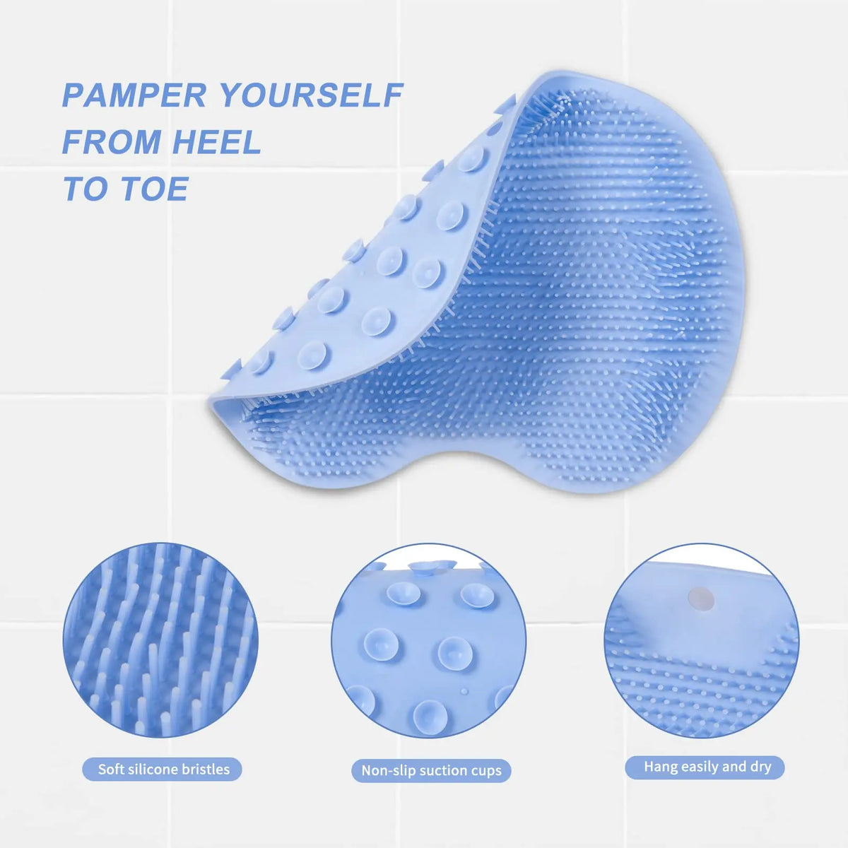 Light blue silicone foot scrubber with bristles and non-slip suction cups for exfoliation