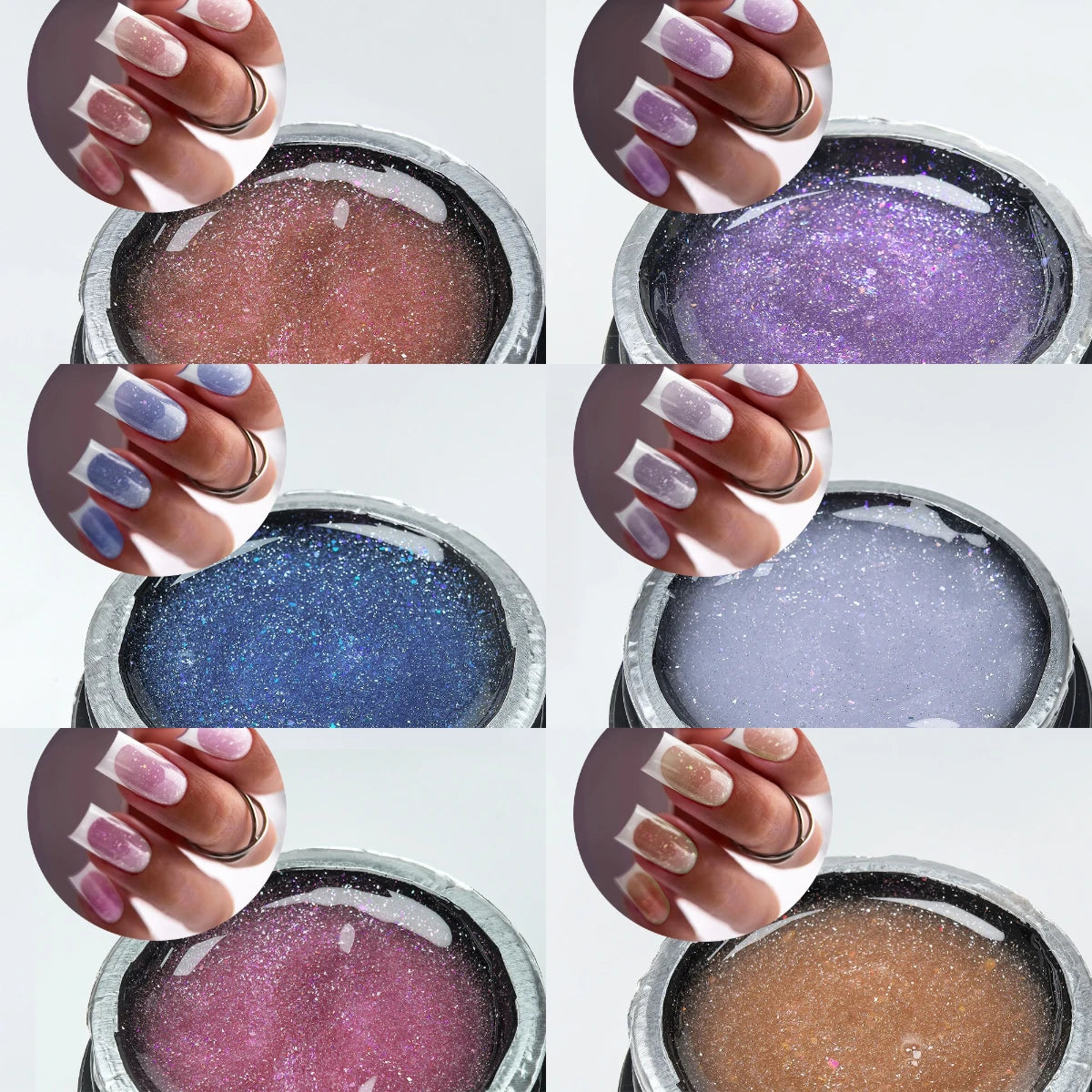 Collection de couleurs de vernis à ongles : violet, bleu, rose et nude dans des contenants en verre.