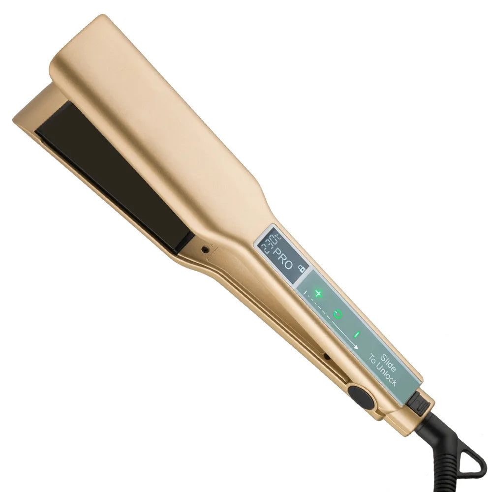 A gold-colored professional titanium hair straightener with a digital display and power cord.