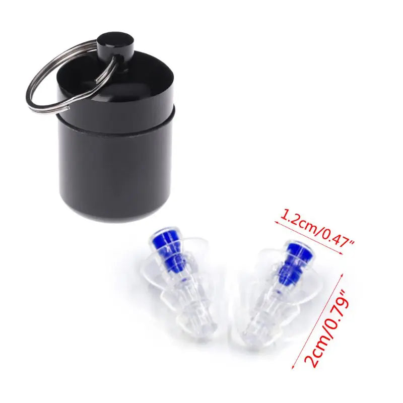 Une paire de bouchons d'oreille en silicone réutilisables avec un clip métallique et des embouts en silicone transparent.