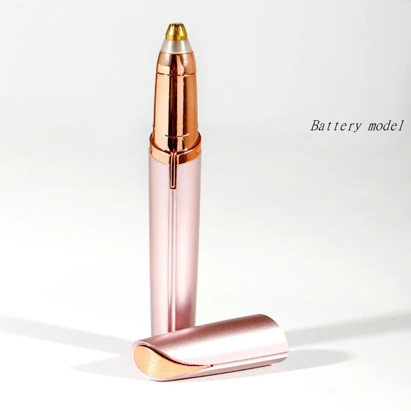 A pink electric eyebrow trimmer and epilator device standing upright on a white surface.