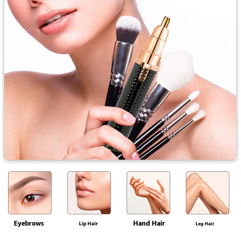 A hand holds a set of makeup brushes and facial tools for hair removal, demonstrating the product's use.