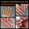 A close-up photo showing various flexible and convenient nail tips in pastel and glitter designs on fingers.