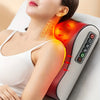A woman is using a deep kneading massage pillow with soothing heat on her neck and shoulder.