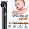 A black professional cordless hair trimmer is shown next to a baby sleeping peacefully.