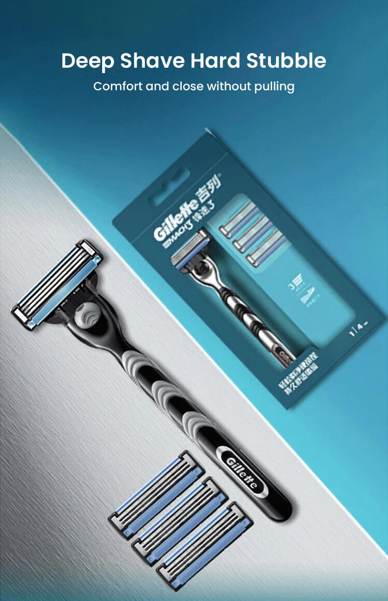 A Gillette Deep Shave Hard Stubble razor and multiple blades displayed on a light blue background.