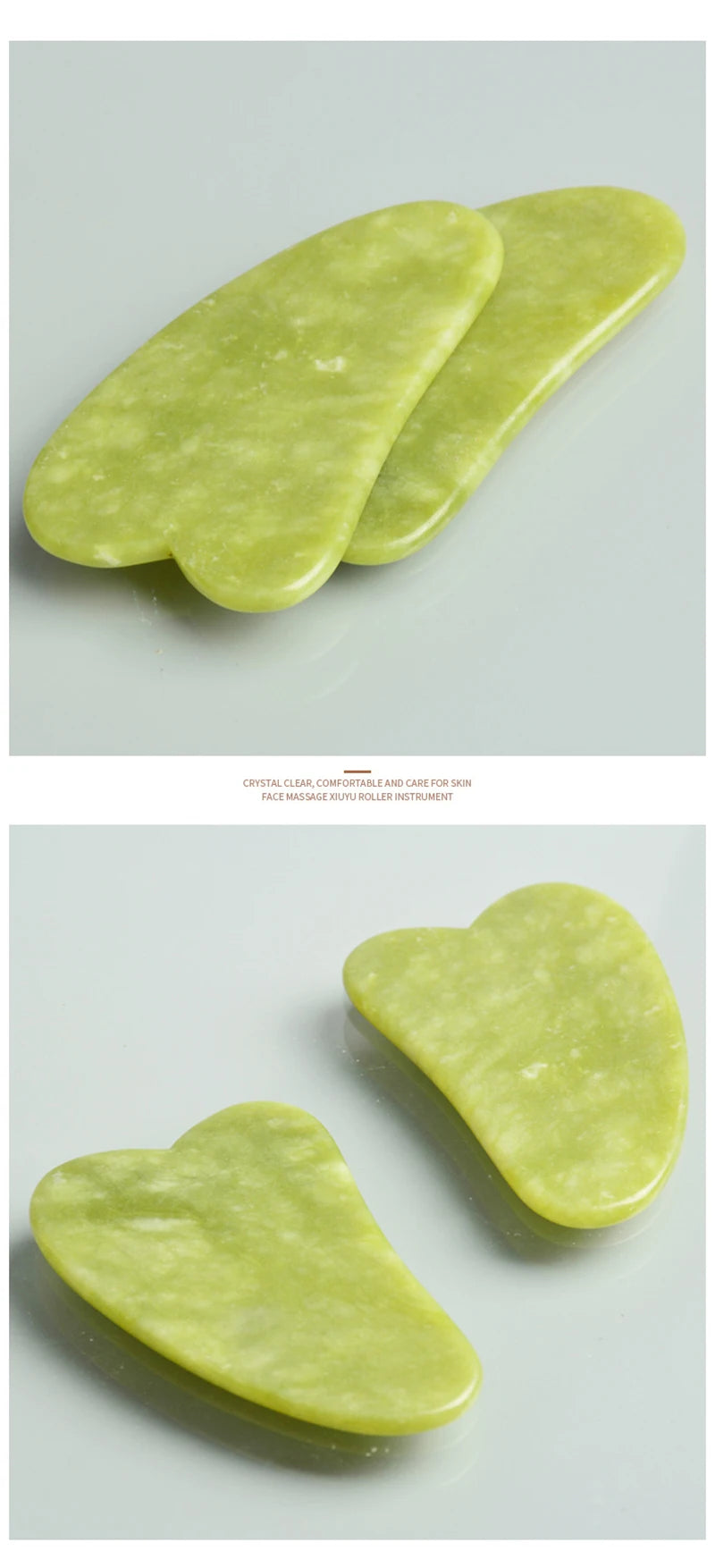 Two light green jade gua sha facial massagers are shown on a white surface.
