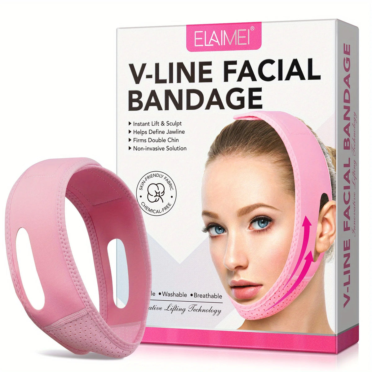 Pink V-Line facial bandage shown next to its packaging box.