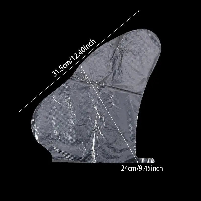 Chaussette hydratante transparente jetable, présentée à plat avec des dimensions de 31,5 cm par 24 cm.