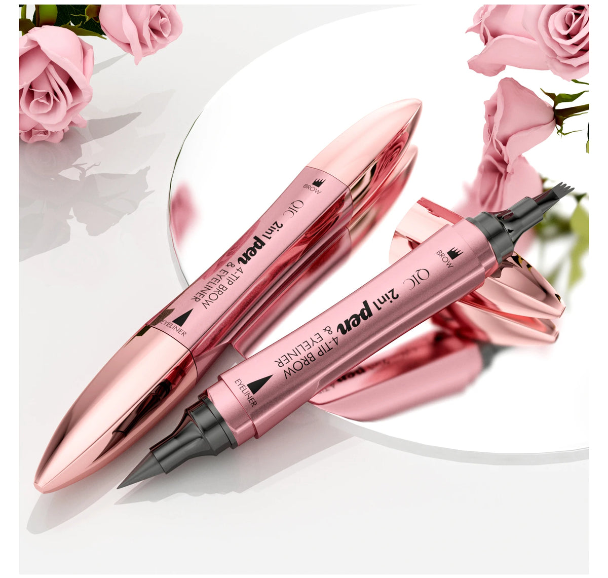 A pink multi-color waterproof eyebrow pen is shown with loose pink roses in the background.