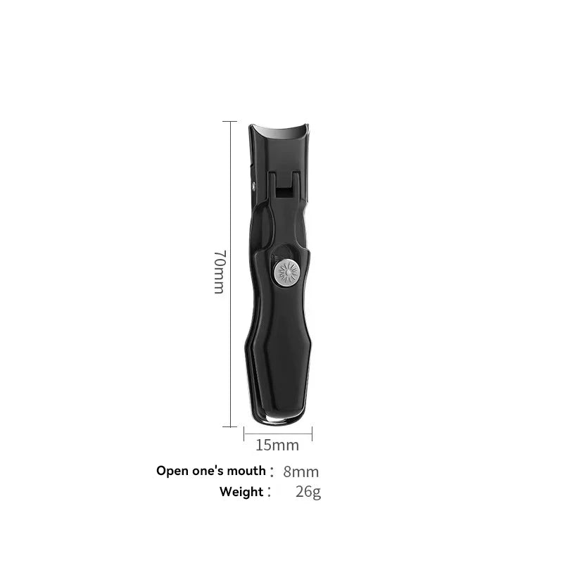 A black heavy duty stainless steel nail clipper with measurements shown.