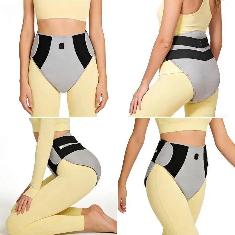 A woman is shown wearing a yellow red light abdominal heating pad for pain relief in various angles.