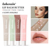 A set of four Lakerain lip balm butter products in various shades including vanilla, mint, and iced coffee.