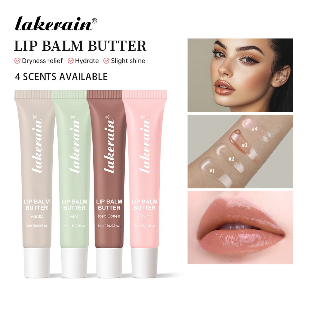 A set of four Lakerain lip balm butter products in various shades including vanilla, mint, and iced coffee.