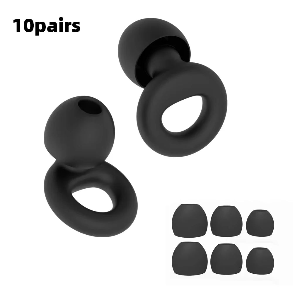 Ten pairs of black silicone ear plugs for noise reduction