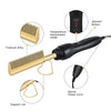 A black hair straightening comb with a titanium alloy plate and swivel power cord shown with various components.
