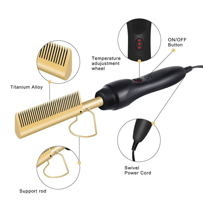 A black hair straightening comb with a titanium alloy plate and swivel power cord shown with various components.