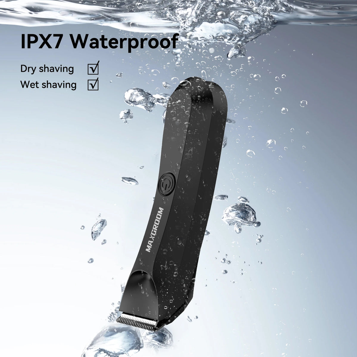 A black electric shaver is shown underwater, demonstrating its IPX7 waterproof rating for dry and wet shaving.