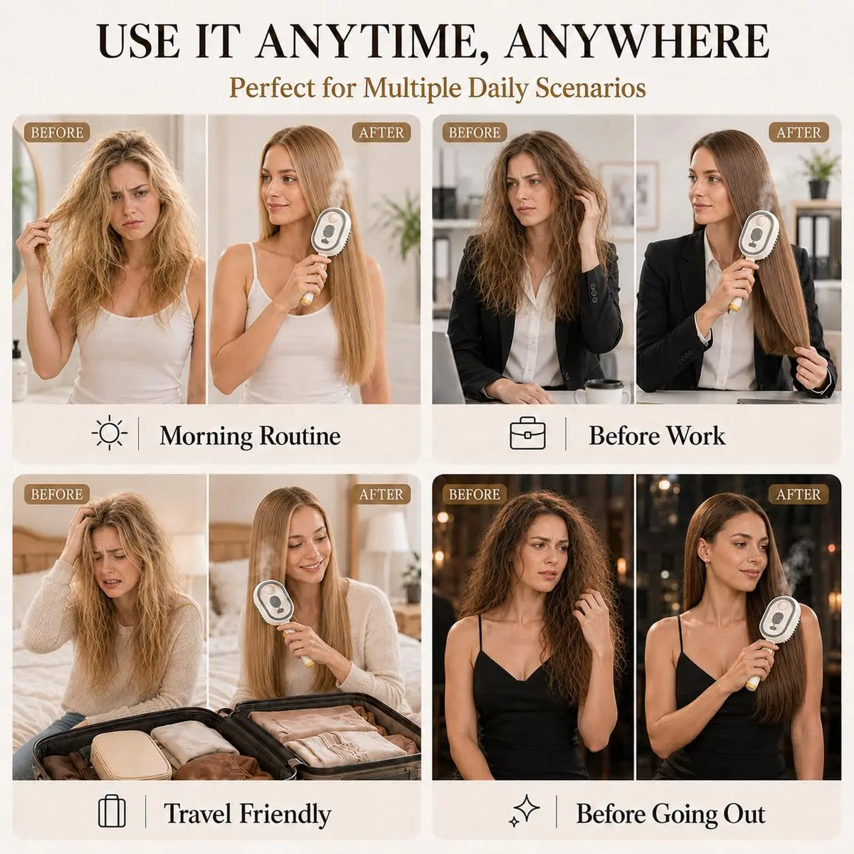 A woman uses a rechargeable electric spray hair brush for various daily routines like morning routine, before work, and befor