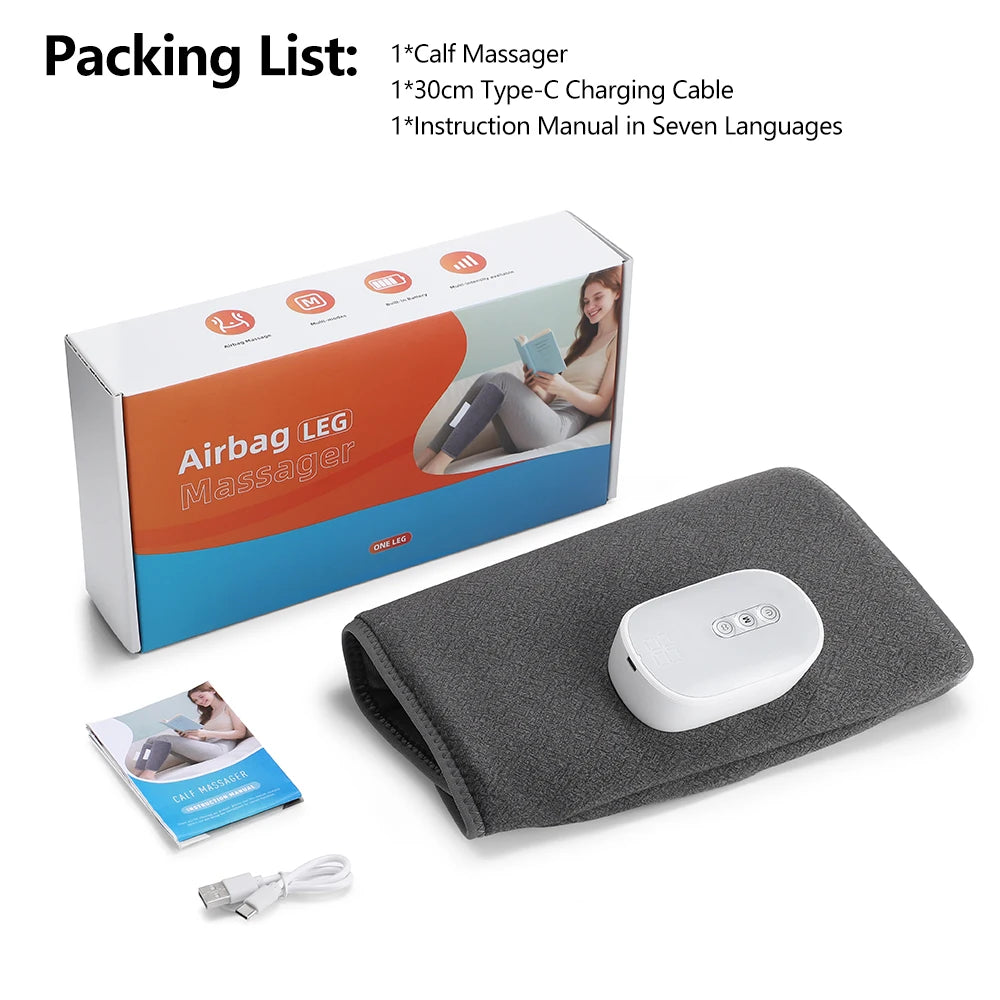 Eine Box und ein schwarzes Bein-Massagergerät mit Zubehör wie Ladekabel und Anleitung.