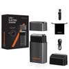A black 2-in-1 electric shaver set shown with various attachments and the main body.