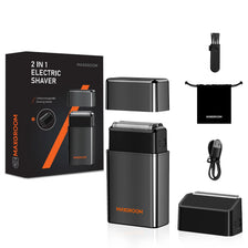 Schwarzer 2-in-1 elektrischer Rasierer-Set mit verschiedenen Aufsätzen und Gehäuse.