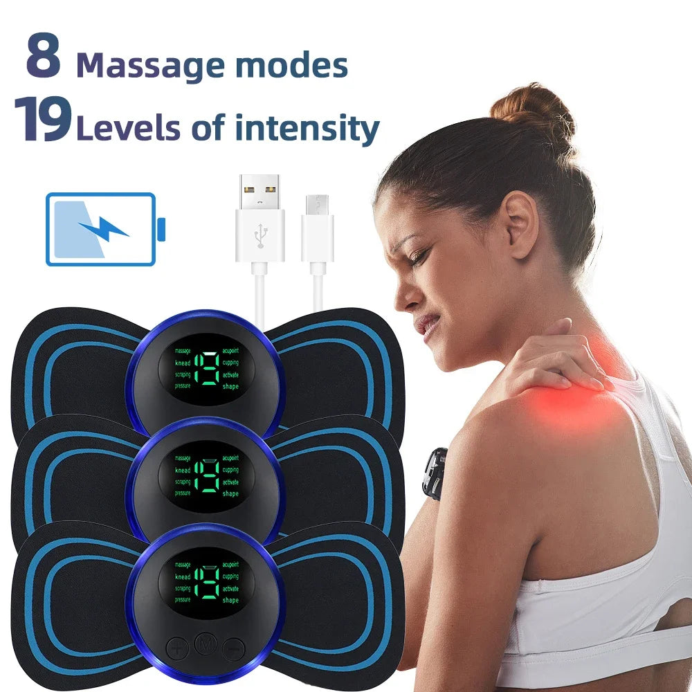 A woman is applying an electric EMS muscle stimulator device to her shoulder, demonstrating massage modes and intensity level