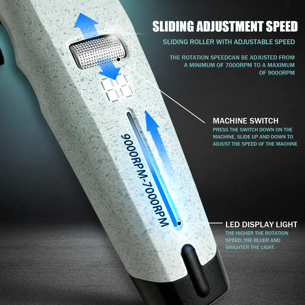 Primer plano de un cortapelos profesional recargable con ajustes de velocidad y luz LED.
