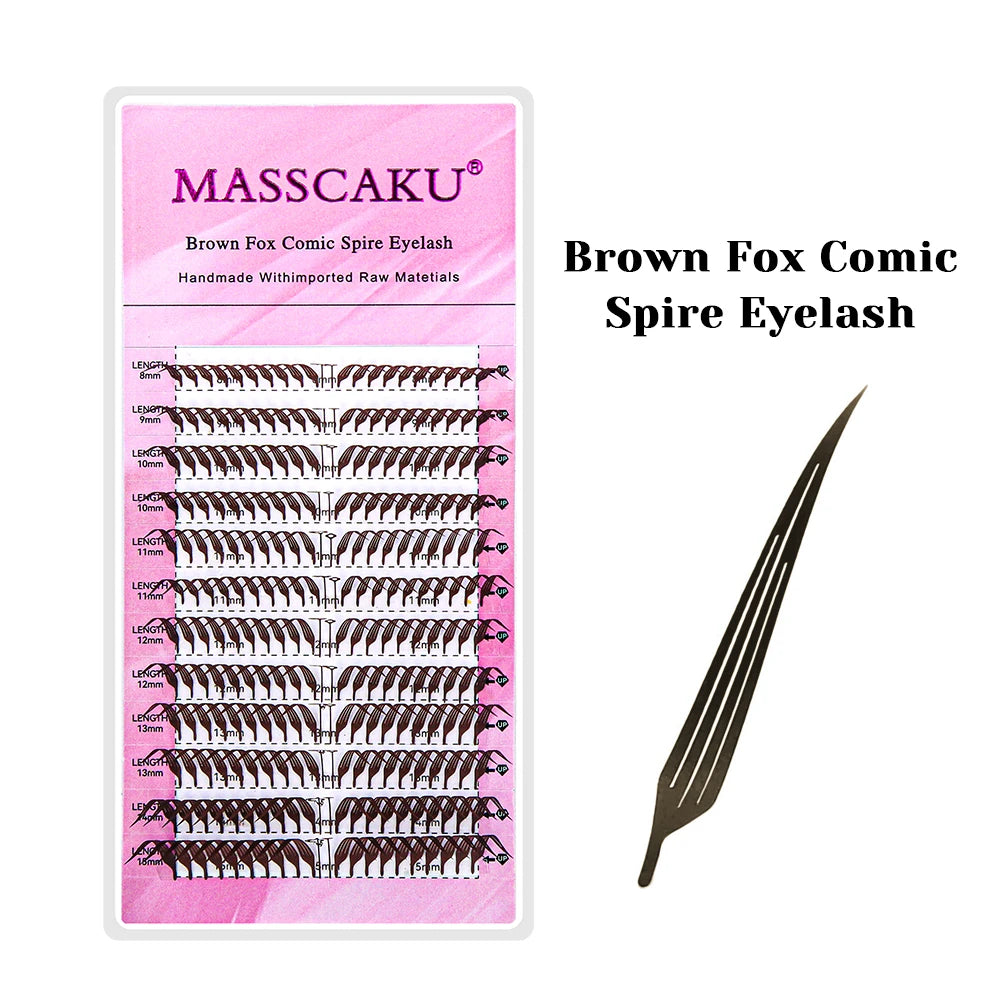 A display of Brown Fox Comic Spire Eyelash extensions with various lengths.