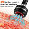 A close-up view of a black massage tool with suction levels and a one-touch release, positioned over human tissue.