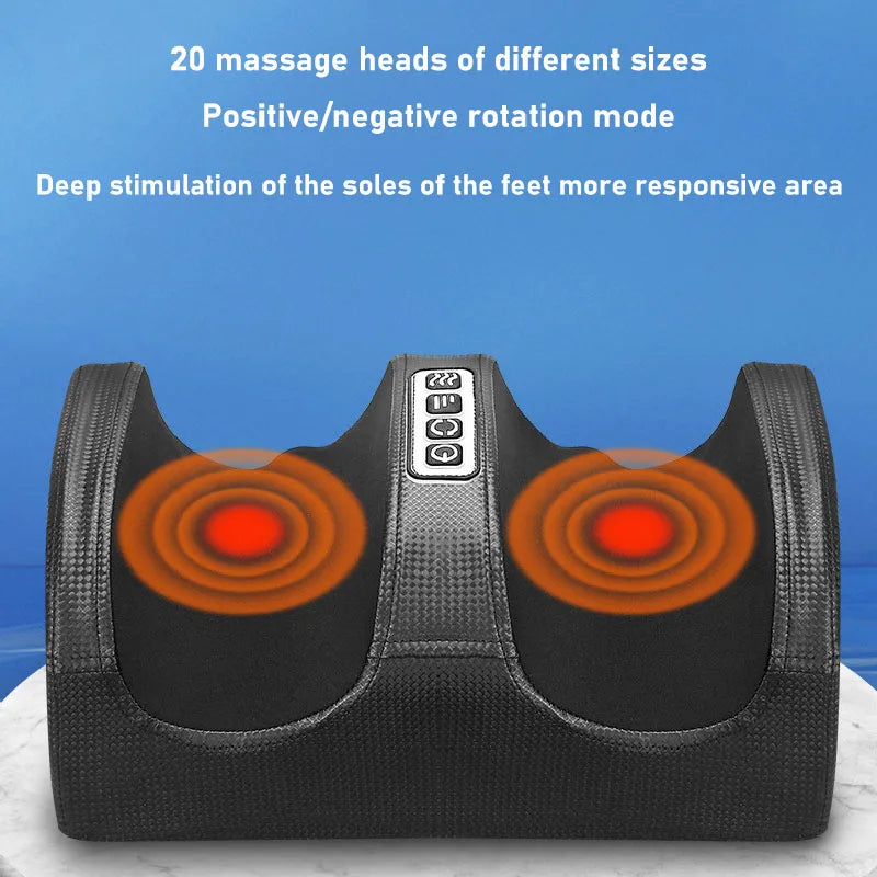 A black heated shiatsu foot massager with multiple massage heads is shown on a white surface.