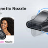 A black hair dryer with a 360 degree magnetic nozzle demonstrating smooth and diffuser settings for different hair types.