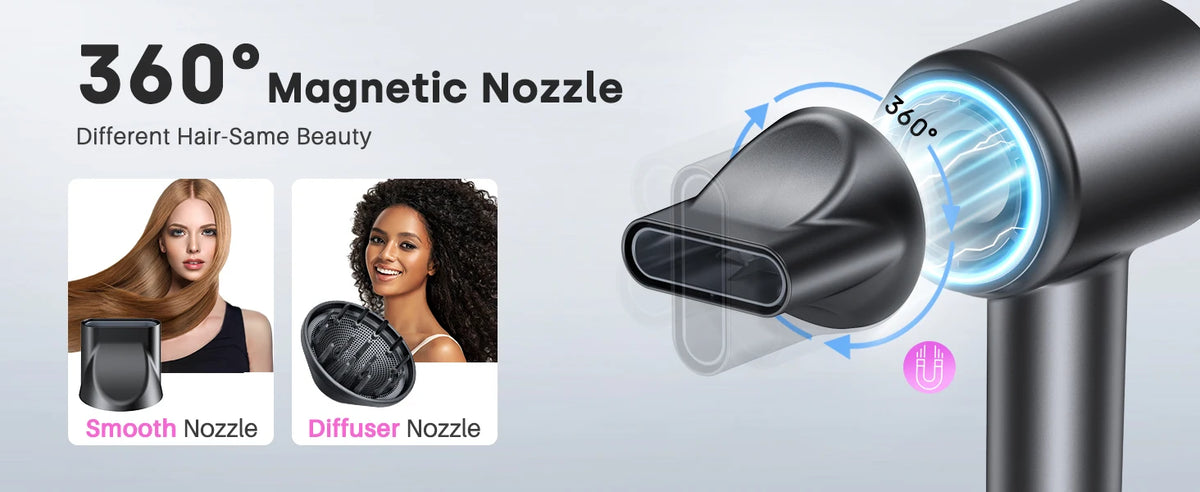 A black hair dryer with a 360 degree magnetic nozzle demonstrating smooth and diffuser settings for different hair types.