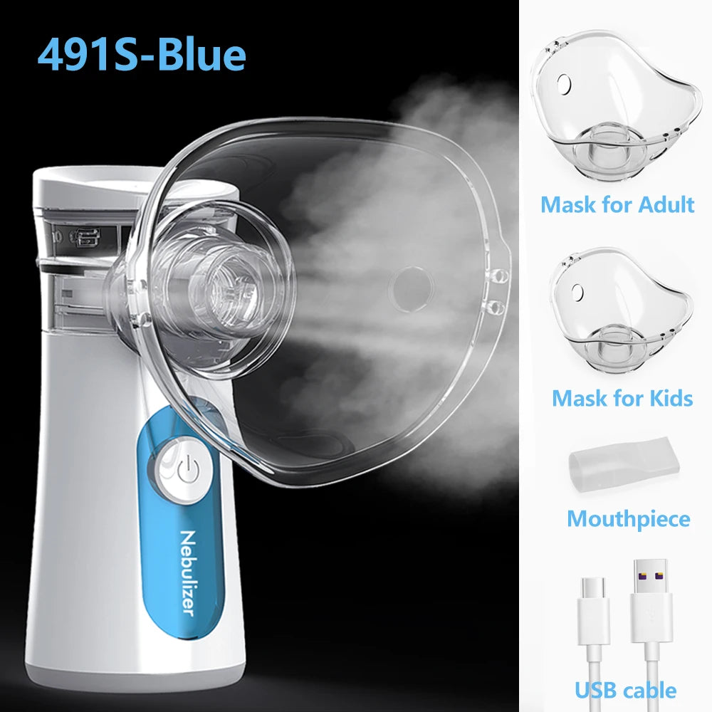 A white handheld nebulizer device with a clear mask and USB cable shown next to separate masks for adult and kids