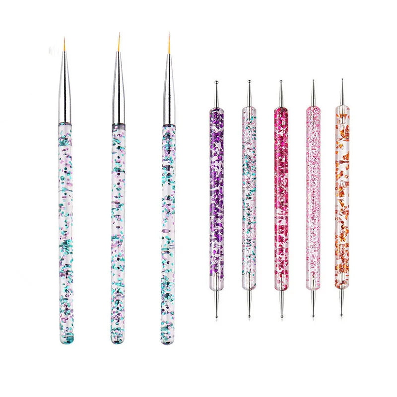A set of precision nail art brushes with various colored bristles for gel and acrylic polish.
