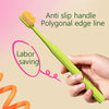 A hand holds a lime green toothbrush with a polygonal edge line, demonstrating labor saving.