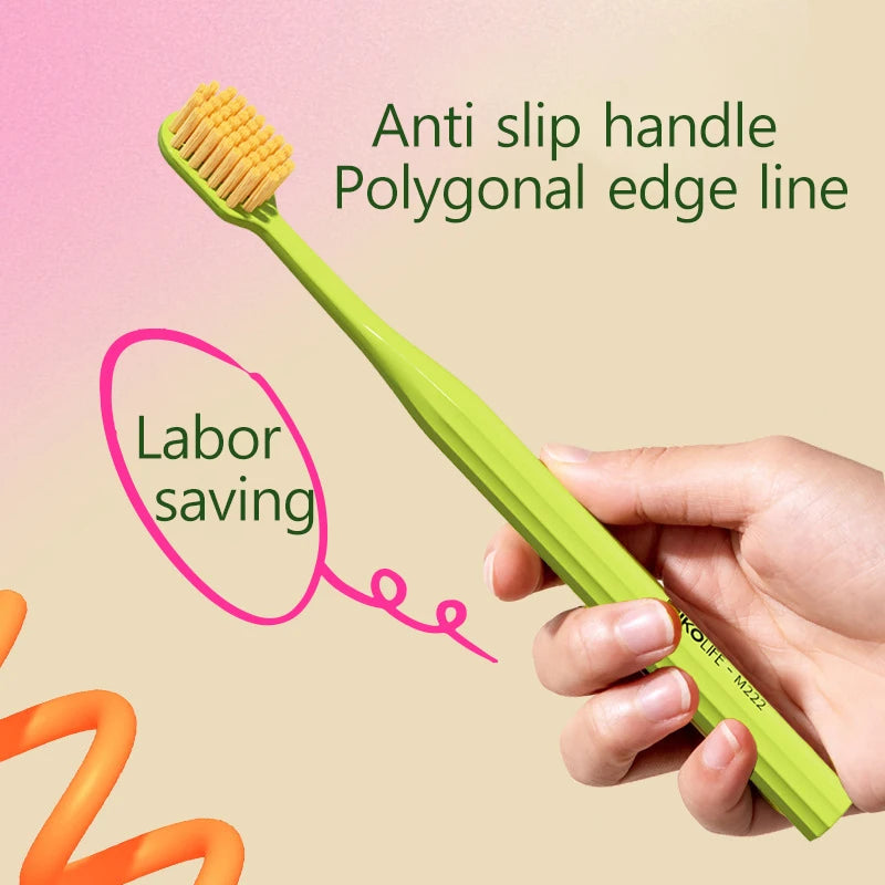 A hand holds a lime green toothbrush with a polygonal edge line, demonstrating labor saving.