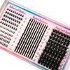 Un récipient en plastique transparent montrant diverses tailles de clusters de cils noirs pointus pour extensions de cils.