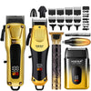 Set von HIENA elektrischen Haarschneidern und Trimmern in Gold und Schwarz, mit verschiedenen Blatt-Anhängern.