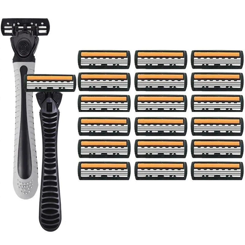 A set of 12 stainless steel manual razors for men arranged in a grid.