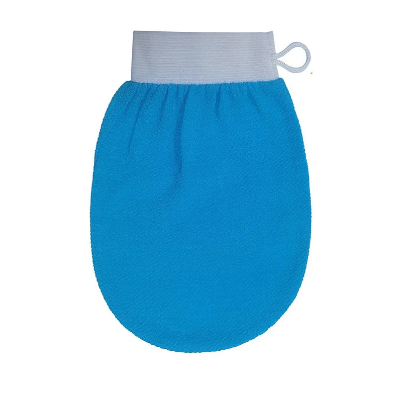 A bright blue exfoliating body scrubbing glove with a gray wrist strap.
