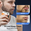 A man is using a dual-head electric shaver, showing before and after results for stubble removal.