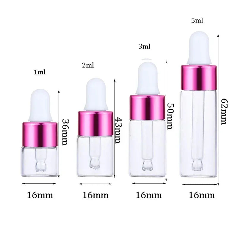 A set of four glass dropper bottles with various liquid volumes including 1ml, 2ml, 3ml, and 5ml, featuring pink and clear gl