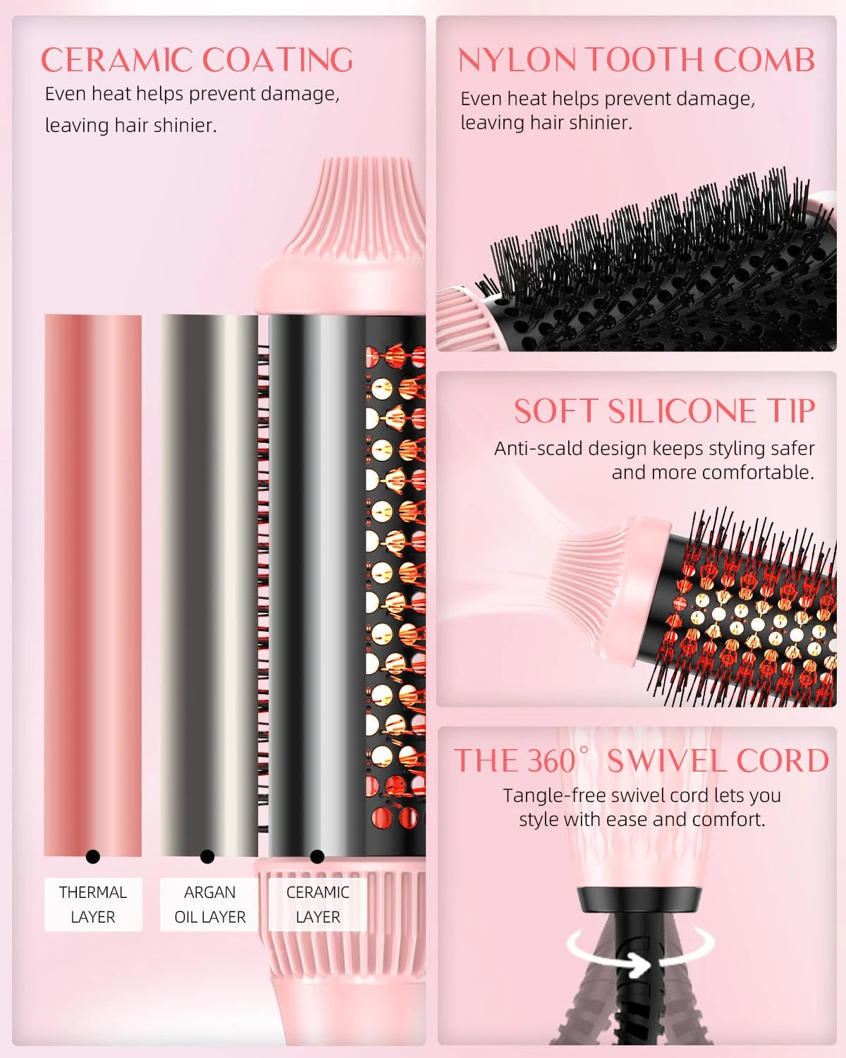 Infrared heated round brush with ceramic coating, nylon teeth, soft silicone tip, and a 360 swivel cord.