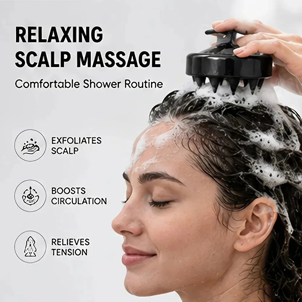 A woman is receiving a relaxing scalp massage with a black silicone tool on her hair during a shower routine.