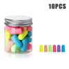 A jar of 10 colorful memory foam earplugs in various shades of pink, yellow, green, and purple.