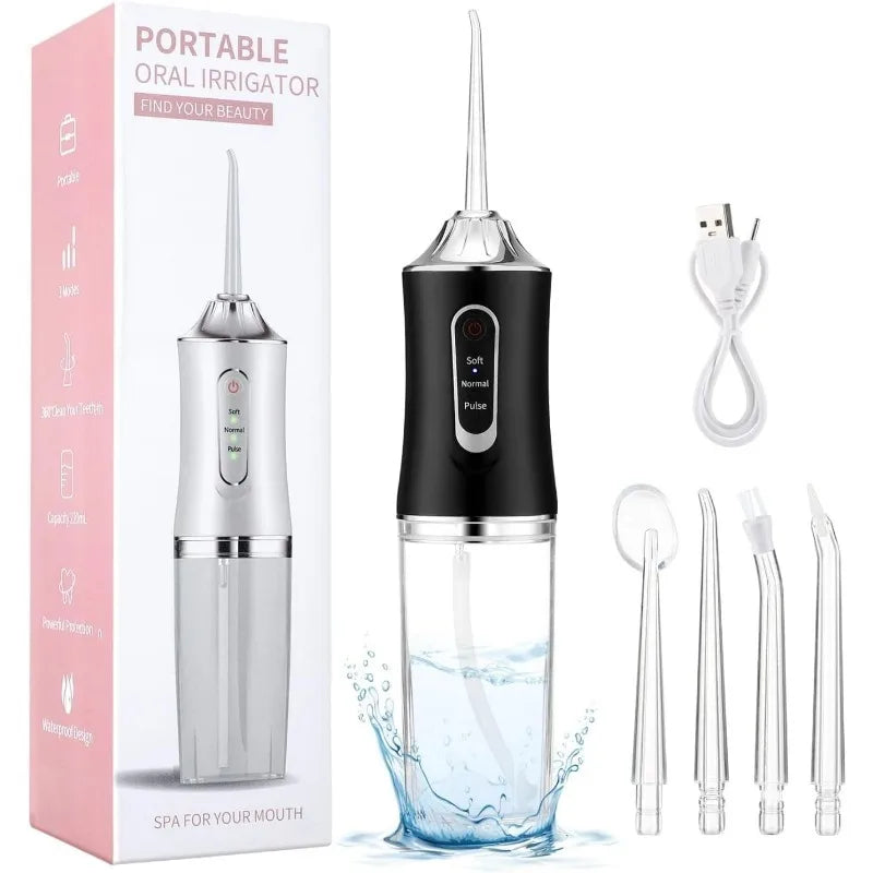 A box and components for a portable oral irrigator dental water flosser device.